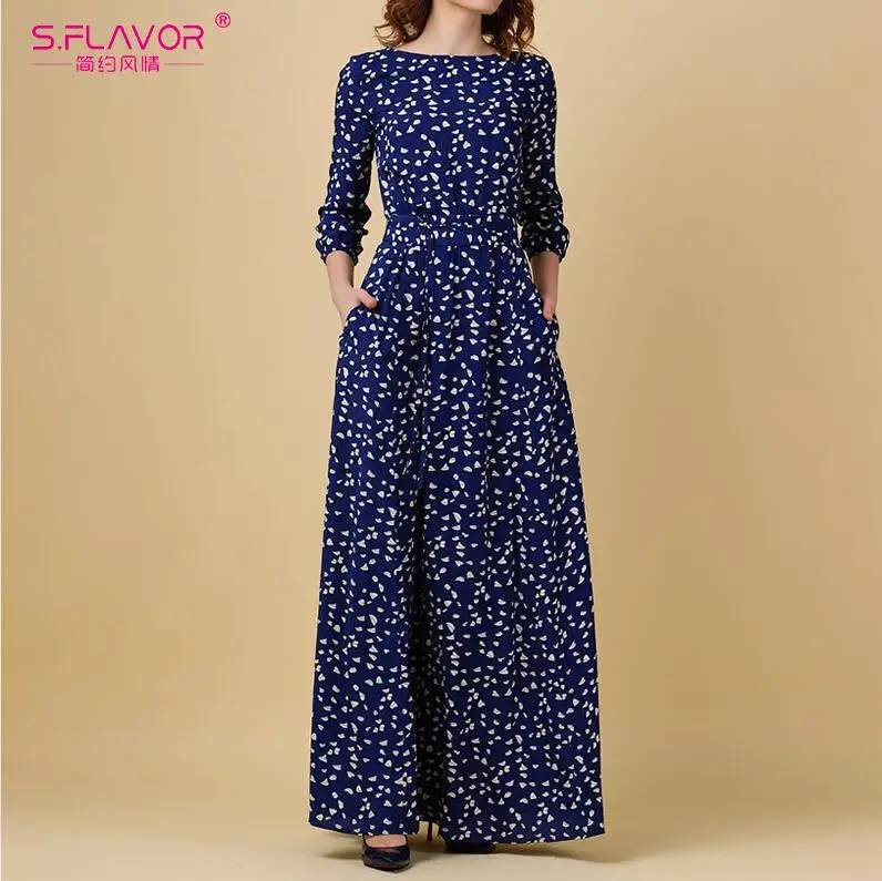 blue S. FLAVOR винтажное длинное платье с принтом женское повседневное весеннее летнее платье элегантное женское Макси платье с круглым вырезом без карманов - Цвет: blue