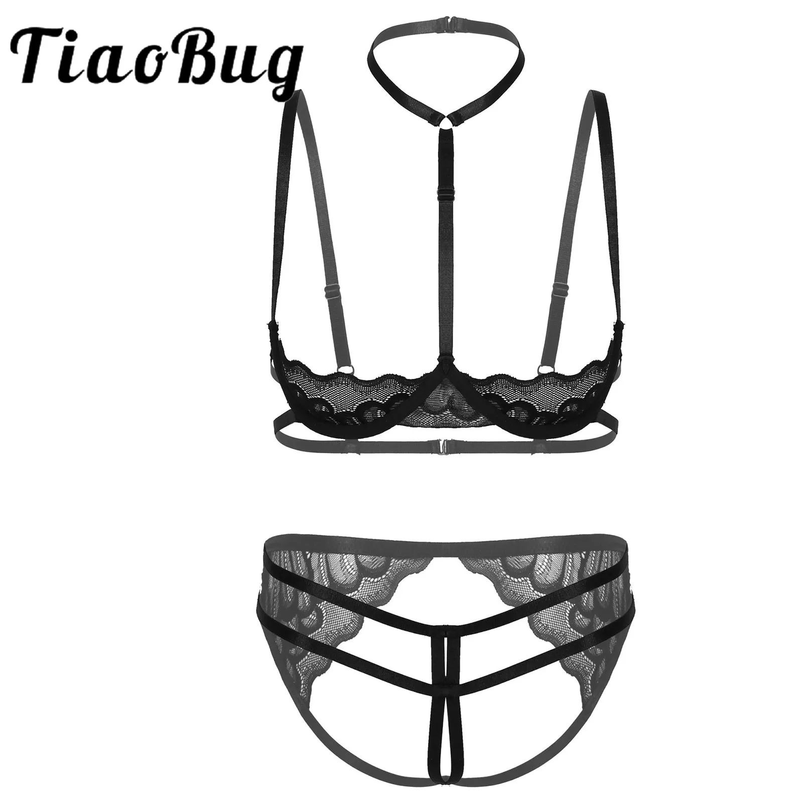 

Womens Sheer Lace Erotic Lingerie Suit Underwear Sexy Sleepwear Halter Neck Underwired Hot Bra Tops with Crotchless G-string