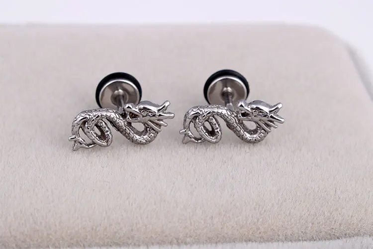 

Fashion Men Punk Dragon Earrings Vintage Color Titanium Steel Cool Animal Dragon Screw Ear Studs Brincos Earrings