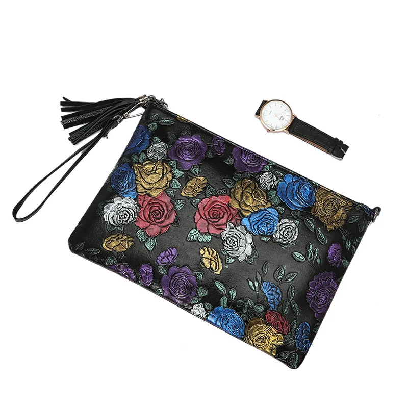 Новая женская сумка-конверт из воловьей кожи с рисунком розы одним плечом через