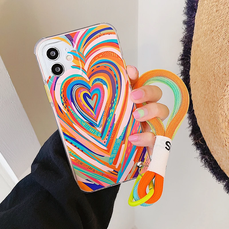 

Gradient Heart With INS Rope Chain Shockproof Case For iPhone 12 Pro Max 11 Pro Max XS Max XR X 7 8 Plus SE 2020 Soft TPU Bumper