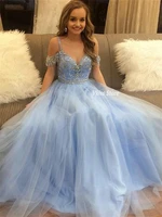 a line light blue long prom dresses 2022 spaghetti off shoulder beaded top floor length tulle party evening gowns robe de bal