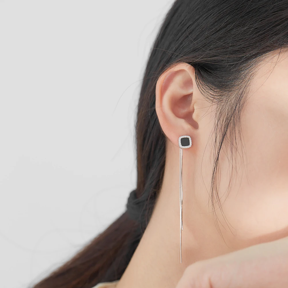 

LEKANI Long Tassel 925 Sterling Silver Drop Earrings For Women Geometry Square Agate Gold Color Earring Luxury Jewelry Gift