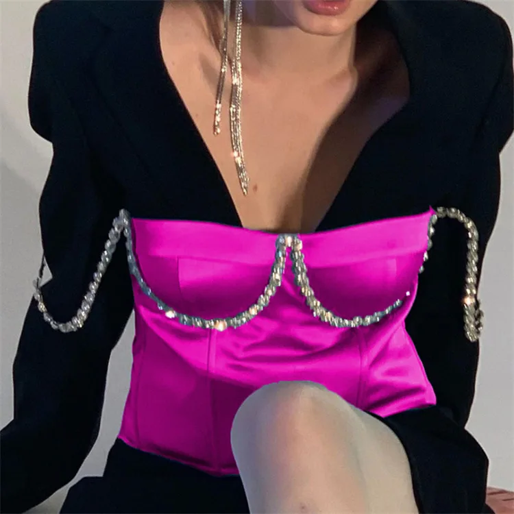 Ladies Club Wear Outfits Corset Sexy Tight Diamond Rhinestone Women Crop Tank Top