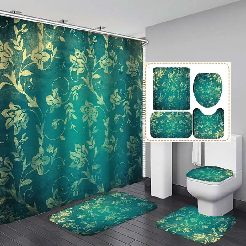 

Floral Pattern Retro Polyester Fabric Shower Curtain Non-Slip Bath Mat Toilet Lid Cover Rugs Home Bathroom Decor Set
