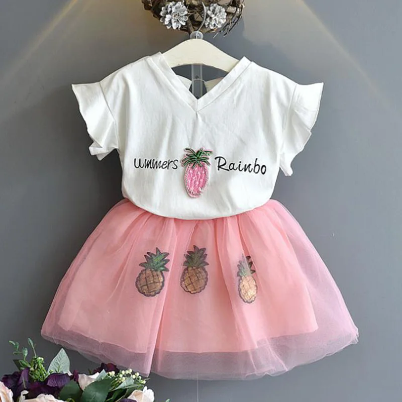 Летний костюм для девочек 2 7 2020 Детская Хлопковая футболка с цветочной вышивкой +