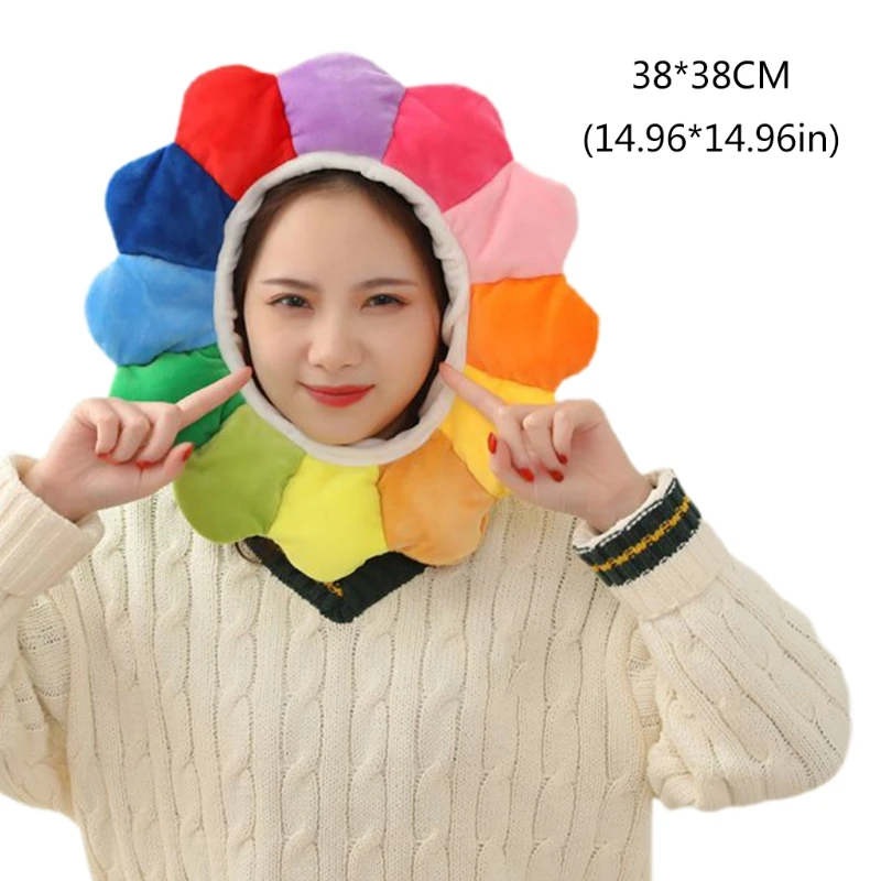 

Lovely Rainbow Colorful Sunflower Plush Hat Funny Petals Stuffed Toys Headgear Warm Hood Cap Mask Performance Cosplay Party