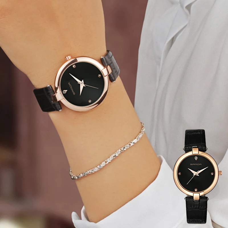

SANDA Fashion Golden Ladies Watch Women Leather Wrist Watches Diamond Gold Clock Saat Relogio Feminino bayan kol saati 196