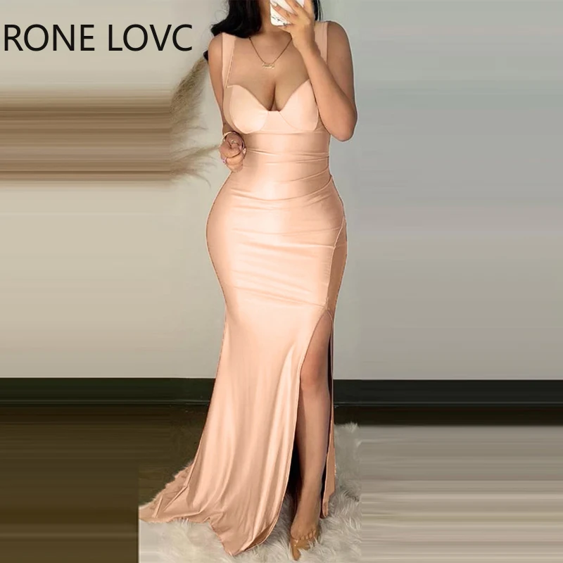 

Women Solid Glamorous Tank High Silt Bodycon Maxi Sexy Formal Party Dress