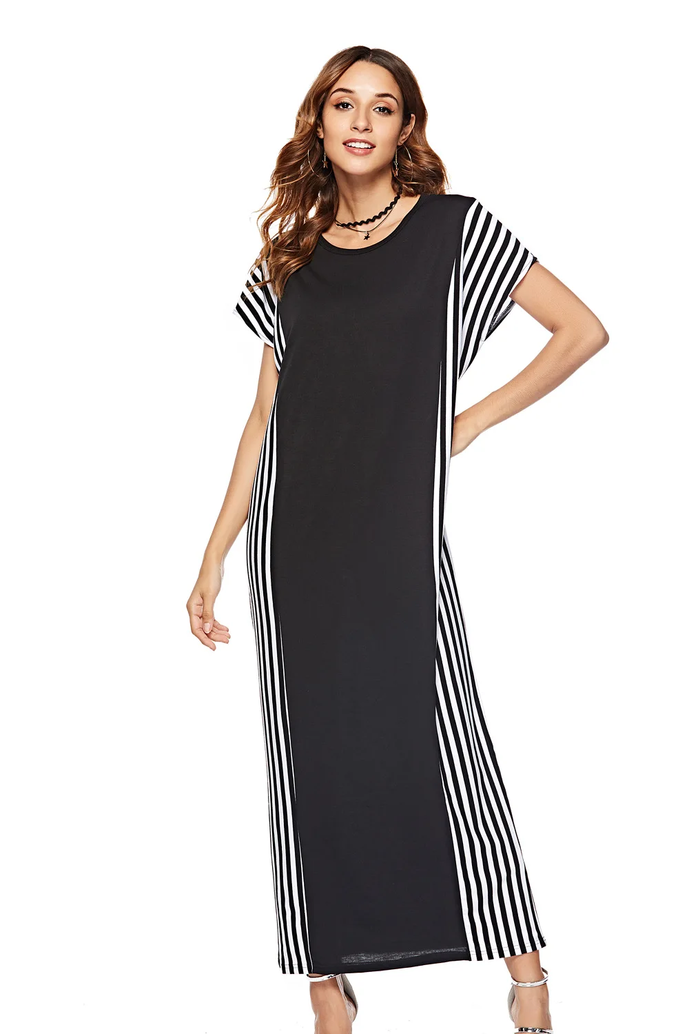 

women summer short sleeve maxi dress striped printed abaya ramadan kaftan Dubai Robe islamic judaic gown