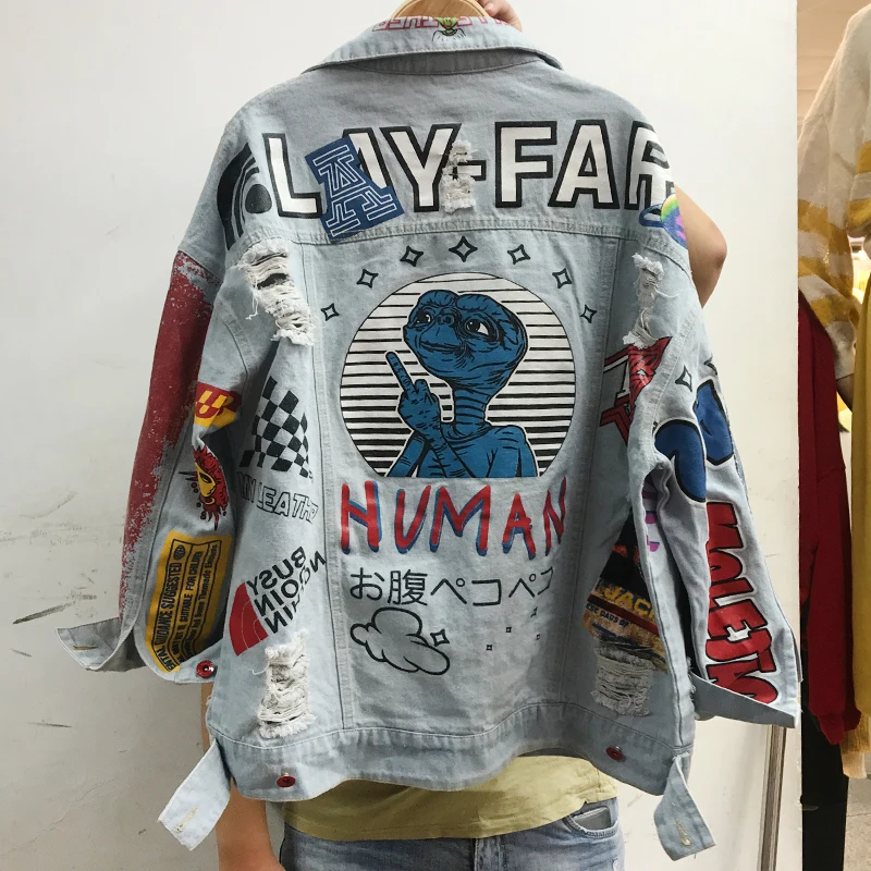 

European station 2019 autumn denim clothing tide offset printing cartoon graffiti letters hip hop loose denim coat