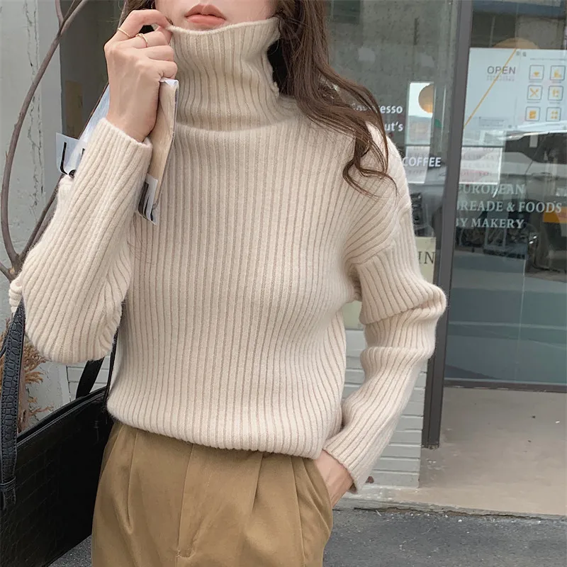 

Zita 2021 Women's Winter New Female High Neck Heavy Thickened Loose Pit Strip Lazy Style Knitted Pullover Sweater Women