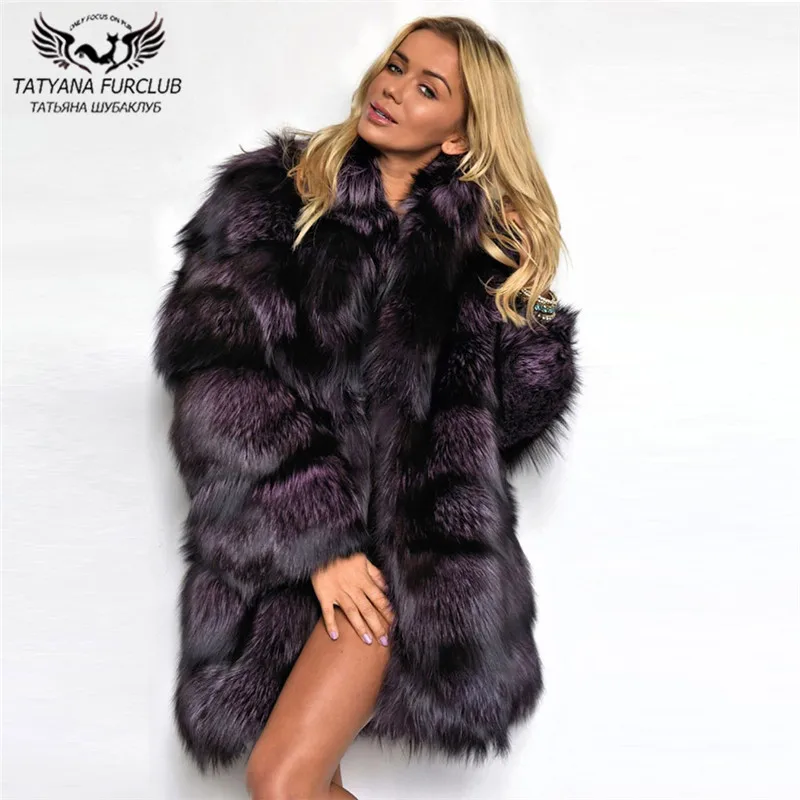 80cm Long Fashion Silver Fox Fur Coats Luxury Women Outwear 2022 Trendy High Quality Purple Color Genuine Fox Fur Coat Outfit