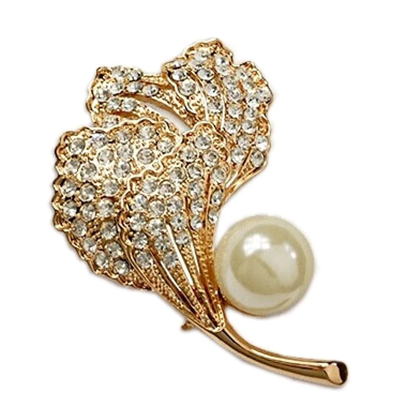 Золотистая брошь в форме листьев пихты со стразами и кристаллами с жемчугом|leaf