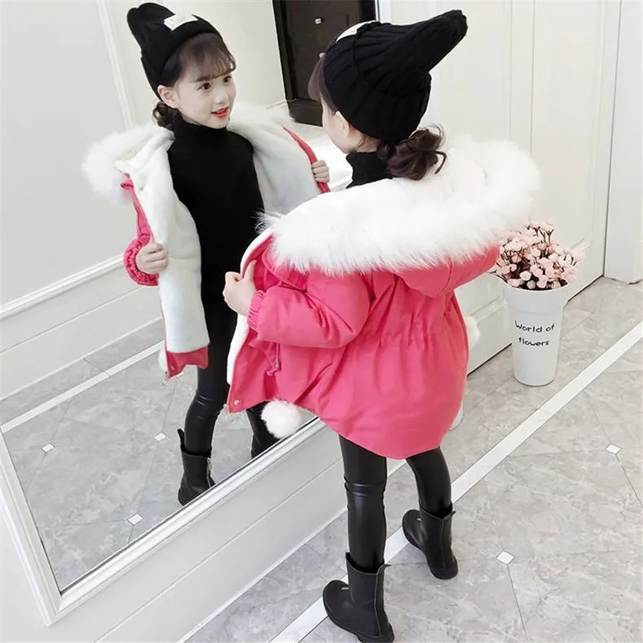 

2021 зимняя одежда с хлопковой подкладкой, куртка для девочек с воротником из искусственного меха, пальто с капюшоном, теплая пуховая куртка от 4 до 14 лет