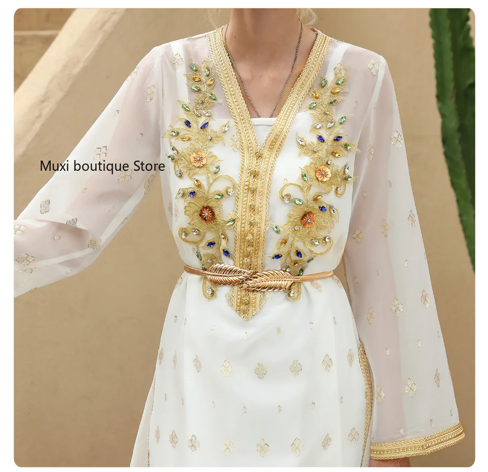 

Muxi muslim women party dress mesh woven gold heavy industrial drill embroidered abayas for women Middle East Dubai robe dress
