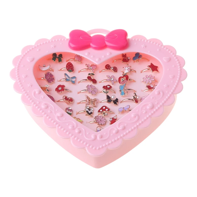 

36 pcs Alloy Cartoon Rings With Bow tie box Colorful Lovely Adjustable Jewelry