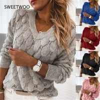 2021 fashion trend women knitted sweater autumn winter hollow out feather pattern long sleeve v neck pullover casual tops