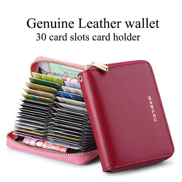 Genuine Leather Wallet 30 Card Slots Credit Card ID Holder Men Women Zipper Wallet RFID Blocking Purse Fashion Clutch Bag 2