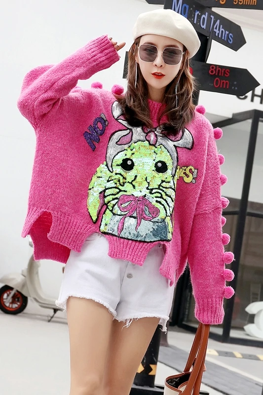 

Thailand tide brand 2020 autumn and winter heavy industry patch sequin loose sweater women's age short pullover sweater