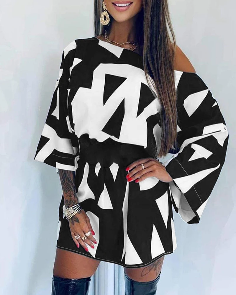 

Autumn Women Abstract Print Inclined Mini Dress Without Belt 2022 Casual Femme Long Sleeve Robe Office Lady Clothing traf