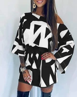 autumn women abstract print inclined mini dress without belt 2022 casual femme long sleeve robe office lady clothing traf