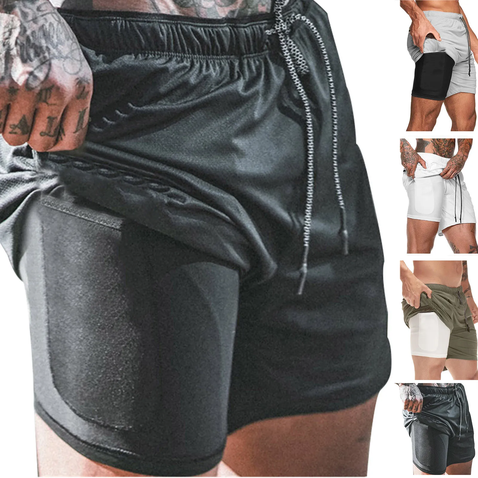 

63# Mens Double-layer Solid Color Fitness Quick-drying Breathable Shorts Pants Elastic Waist Breeches Beach Shorts