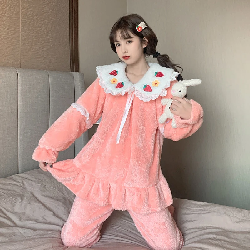 

SLPBELY Sweet Lace Women Pajamas Set Lovely Thick Strawberry Sleepwears Casual Girls Warm Nightwear Home Clothes Suit