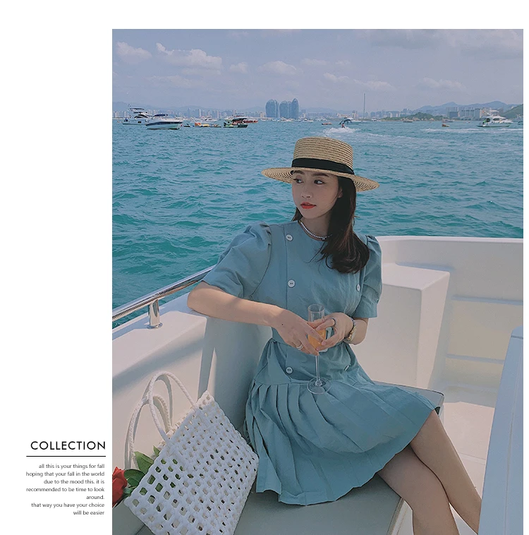 

Summer Women Fashion Splice Pleated Dress Short Sleeve O-neck Loose Casual Button Bandage Elegant Korean Mid-long Dresses 2021