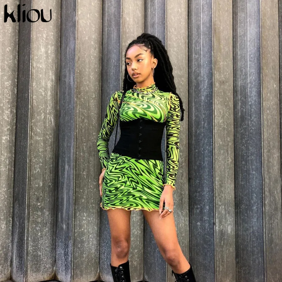 Kliou Fall Sexy Club Dresses women Fashion Print High Neck ruffles Long Sleeve Mini slim Bodycon Dress sexy mesh fabric