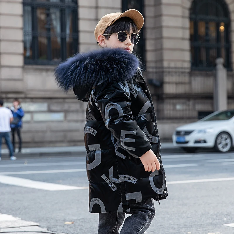 Пуховик для мальчиков зимняя подкладка большой меховой воротник детская верхняя