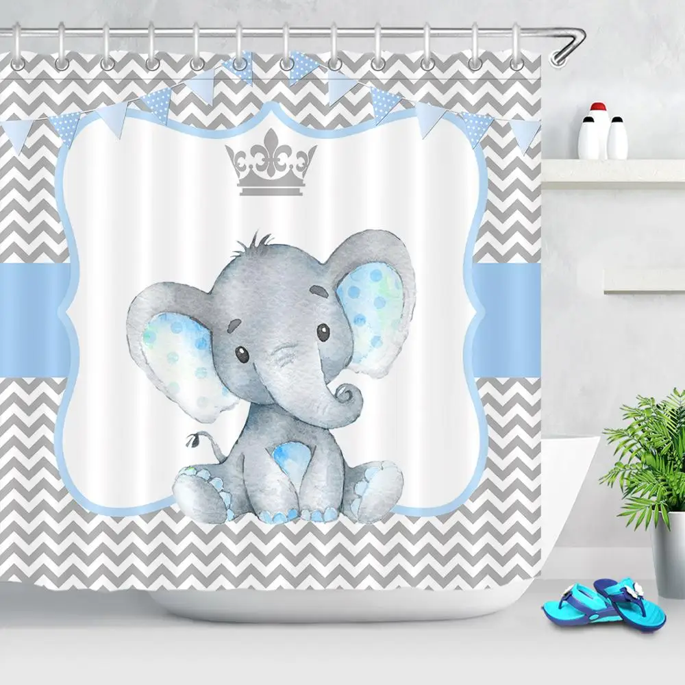 

Cute Elephant Shower Curtain Cartoon Animals Waterproof Polyester Fabric Curtain for Bathroom Bathtub Decoration with Hooks