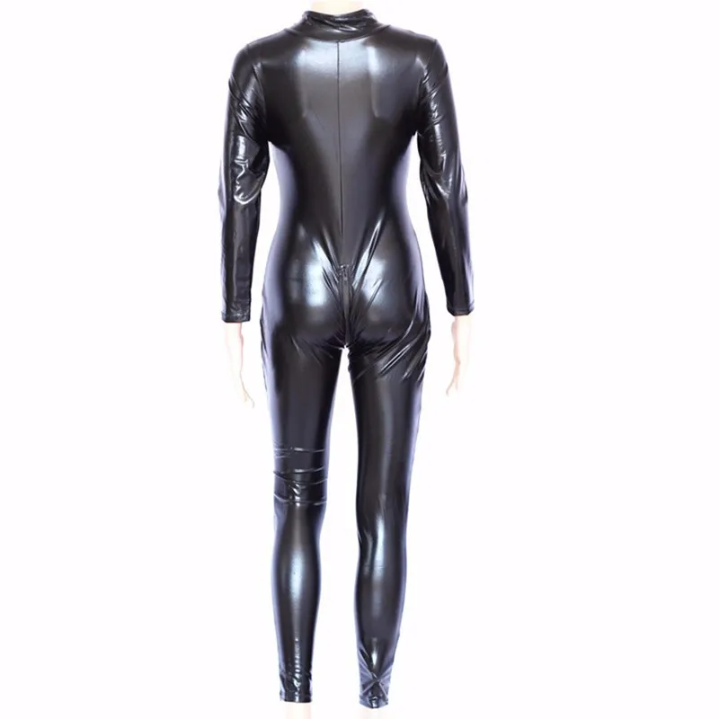 Черные сексуальные женские Комбинезоны из искусственной кожи боди с молнией