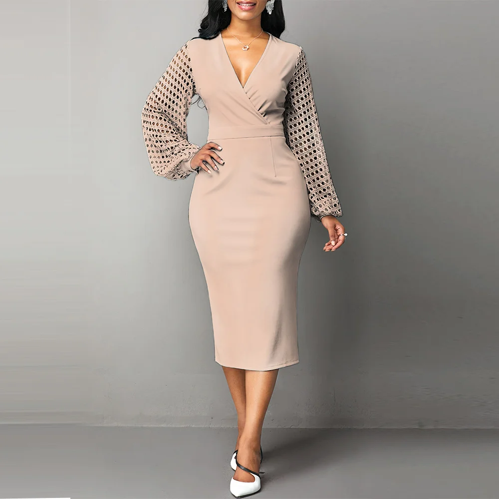 

Woman Dress 2021 NEW Spring Sexy V Neck Long Party Dress Women Vintage Casual Plus Size Slim Hollow Out Sleeve Office Dresses
