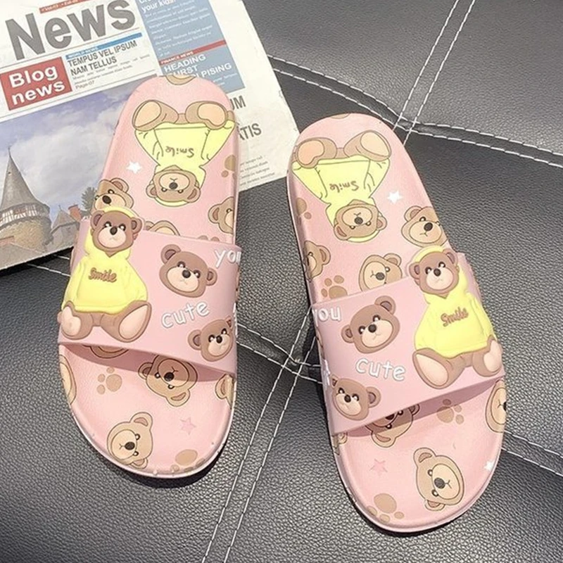 

Сланцы женские летние на плоской подошве, Симпатичные Мультяшные шлепанцы Smlie с изображением медведя, сланцы для спальни, ванной