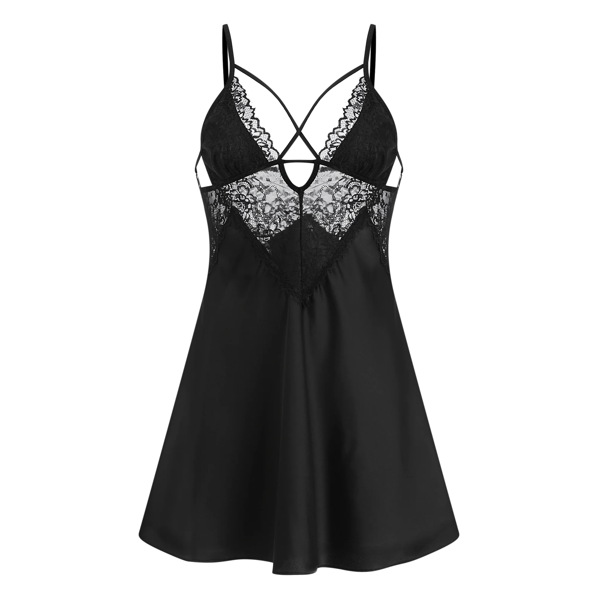 

French Women Deep V Lace Nightgowns Nightdress Sexy Beauty Back Perspective Small Chest Ice Silk Strap Sleeping Dress Underwear