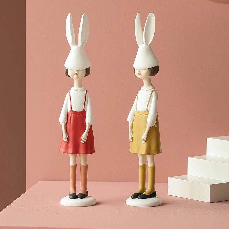 

Modern Home Decorative Figurines Rabbit Girl Figures Resin Doll For Bithday Gift Living Room Decor Ornaments Red Cute Young Girl