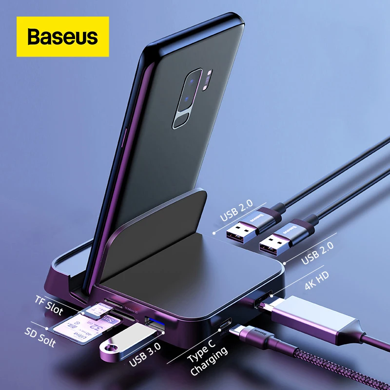 

Baseus 7 in 1 USB C HUB Phone Holder Type C Docking Station for Huawei P40 Mate 30 Samsung S20 S9 to USB 3.0 USB HUB Type C HUB