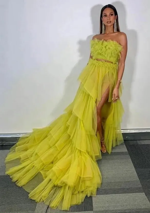 

Verngo Light Green Layered Tulle Skirt Prom Dresses Strapless Side Slit Modern Lady Evening Gowns Long Special Occasion Dress
