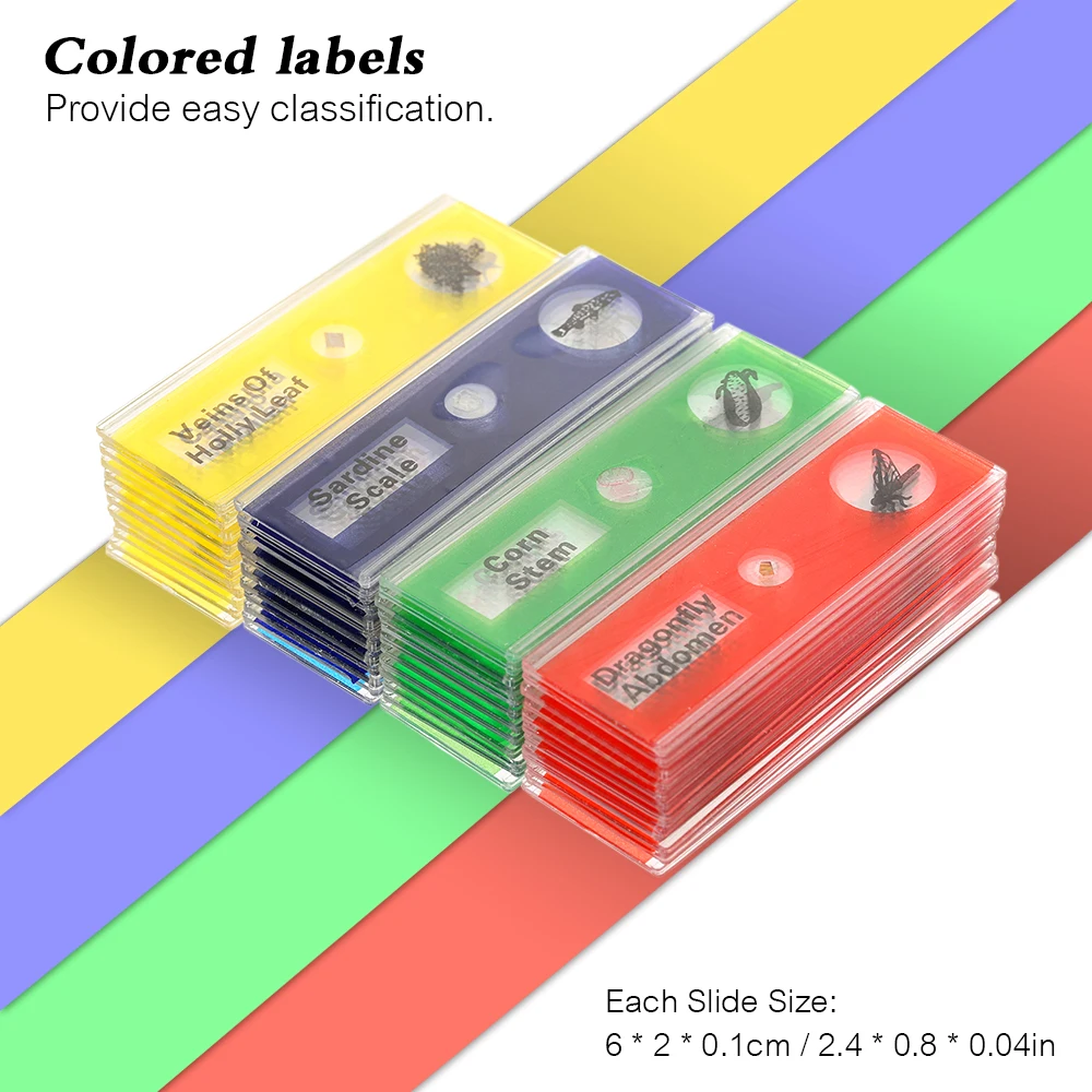 48pcs Plastic Microscope Slides Animals Insects Plants Issue Sample Specimens Set with Color Labels for Kids Students | Инструменты