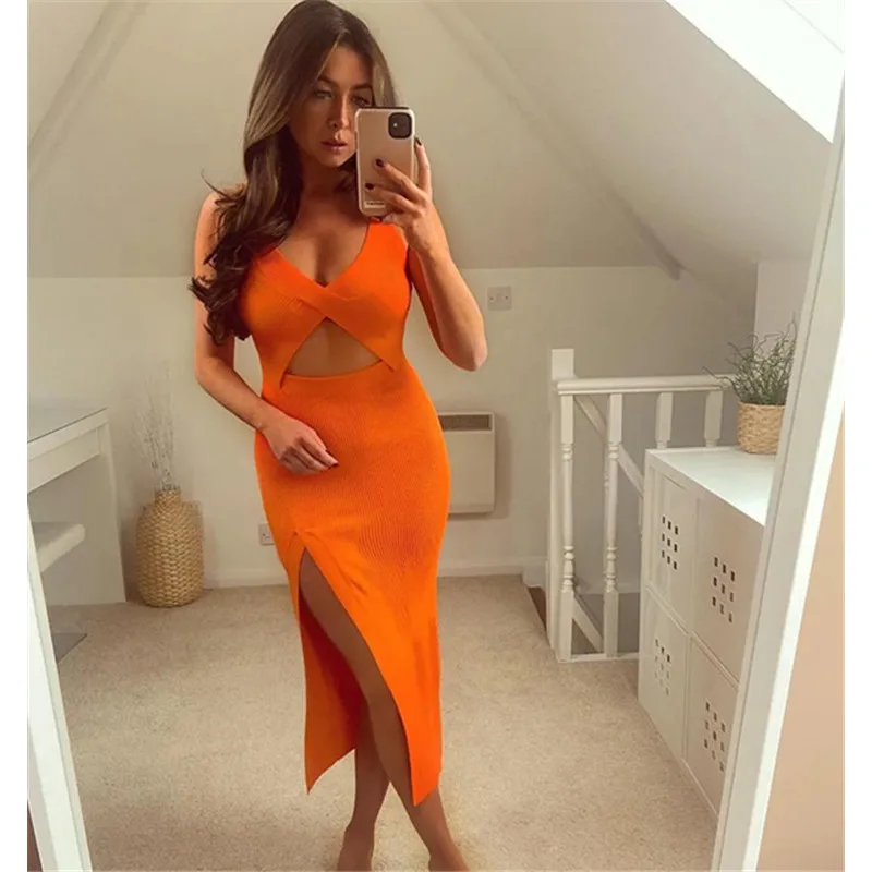 

2021 Hollow Out Knitted Dress Women Sexy Backless V Neck High Slit Spaghetti Strap Dress Elegant Summer Chic Slim Party Dresses