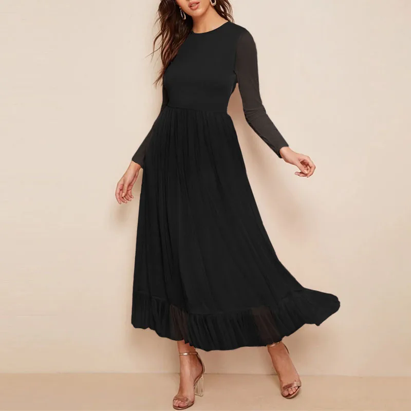 Женское летнее сексуальное платье с круглым вырезом и длинным рукавом кружевные