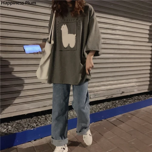 

Cartoon Alpaca Animal Printed Casual Loose Oversize Korean Style 2020 Summer Short Sleeve Women Top Female T-shirts