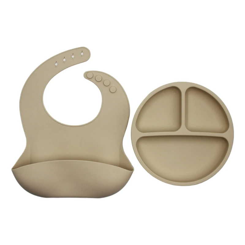 

New 2 Pcs Baby Bib+Divided Dinner Plate Set Newborn Infants Waterproof Food Grade Silicone Feeding Bowl Dishes Tableware Kit
