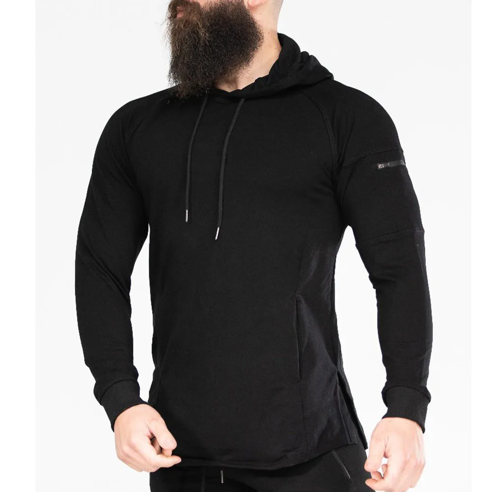 Black (No logo) Повседневные мужские толстовки с капюшоном, хлопковая толстовка для тренажерного зала, фитнеса, тренировок, пуловер, осень, новинка, мужская серая тонкая куртка с капюшоном, топы, брендовая одежда - Цвет: Black (No logo)