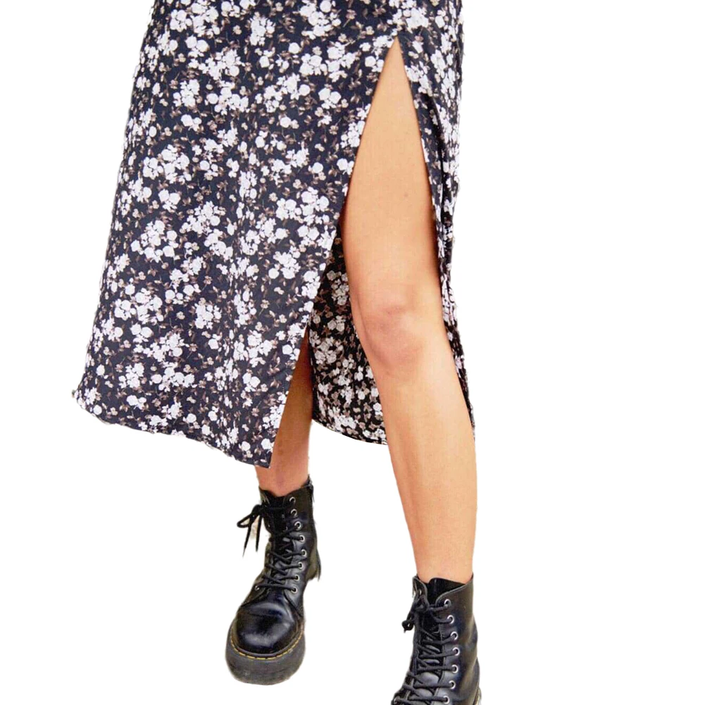 

Women Fashion Leopard Printed Skirt Summer Floral High Waist Elastic Split A-line Midi Skirt