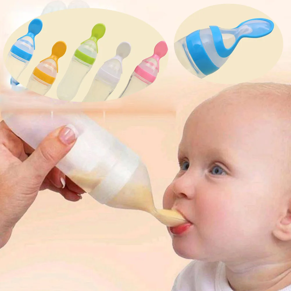 

90ML Lovely Safety Infant Baby Silicone Feeding With Spoon Feeder Food Rice Cereal Bottle For Best Gift
