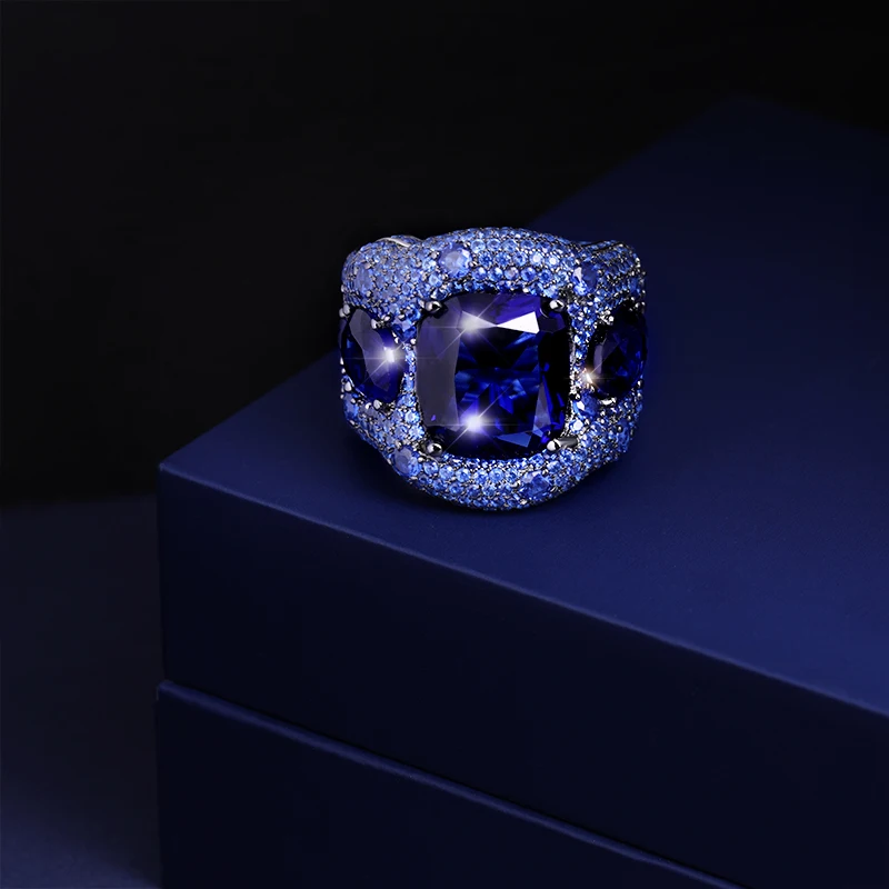 Женское большое кольцо из серебра 100% пробы с синим сапфиром и аквамарином|Кольца|