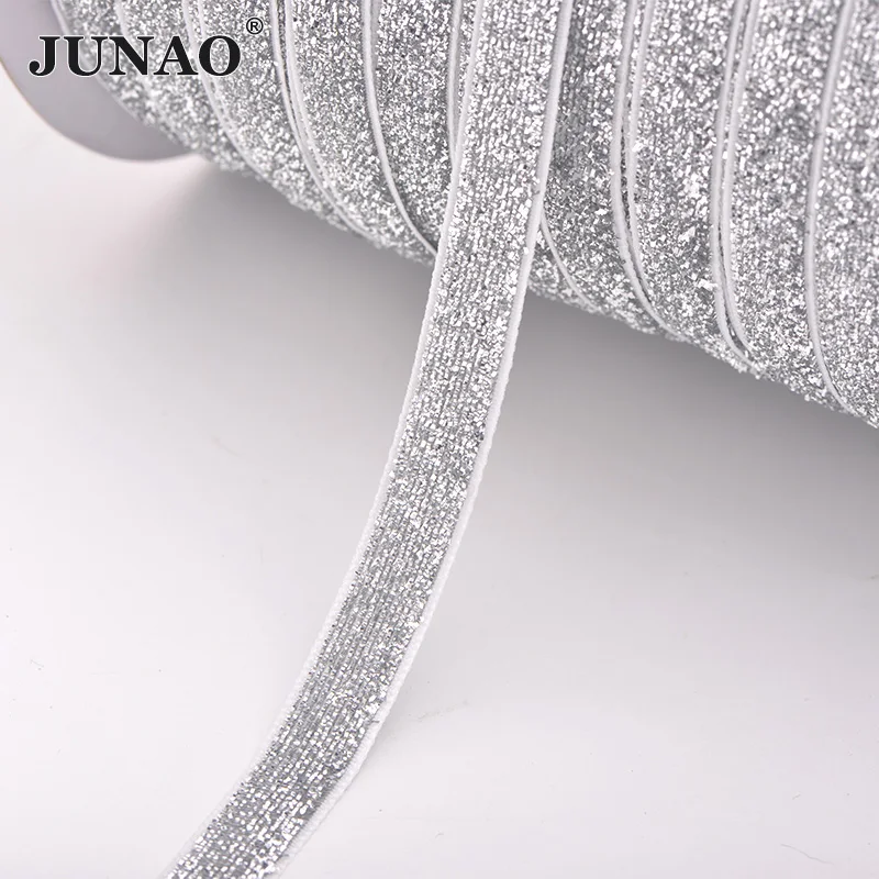 Silver JUNAO, 5 ярдов* 10 мм, ручная работа, разные цвета, лента для шитья, Рождественская лента, ткань, подарочная упаковка, банты для волос, для одежды, обуви, рукоделия - Цвет: Silver
