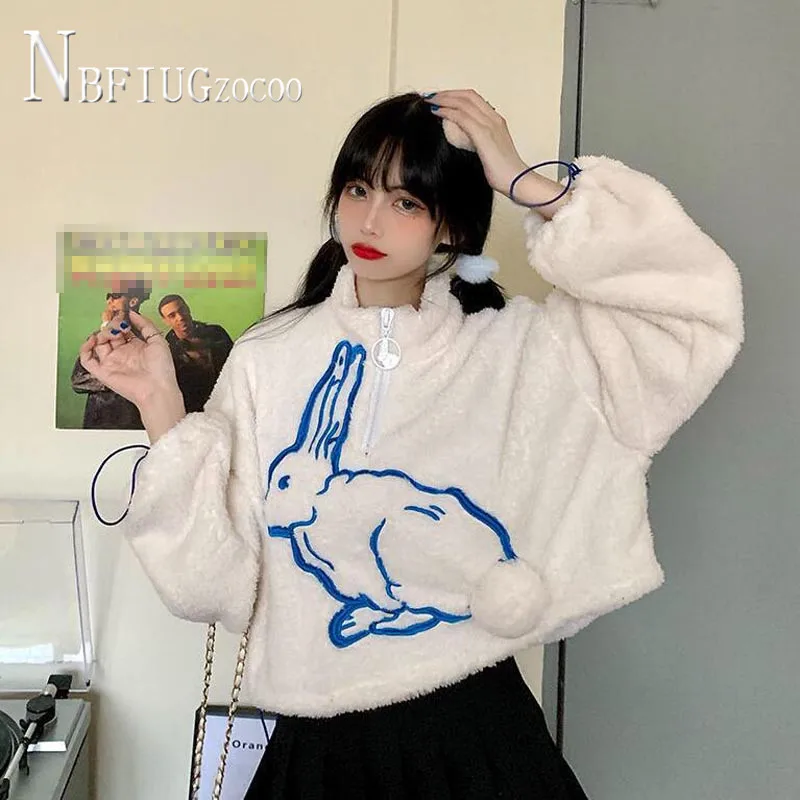 

Fluff Stand Collar Women Sweatshirts Winter Korean Embroidery Rabbit Students Short Style Female Tops